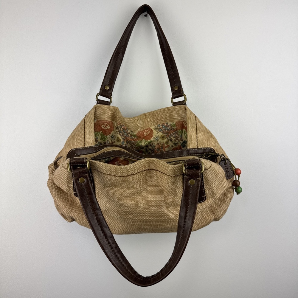 Fossil Tan Woven Shoulder Bag with Dark Brown Leather Straps